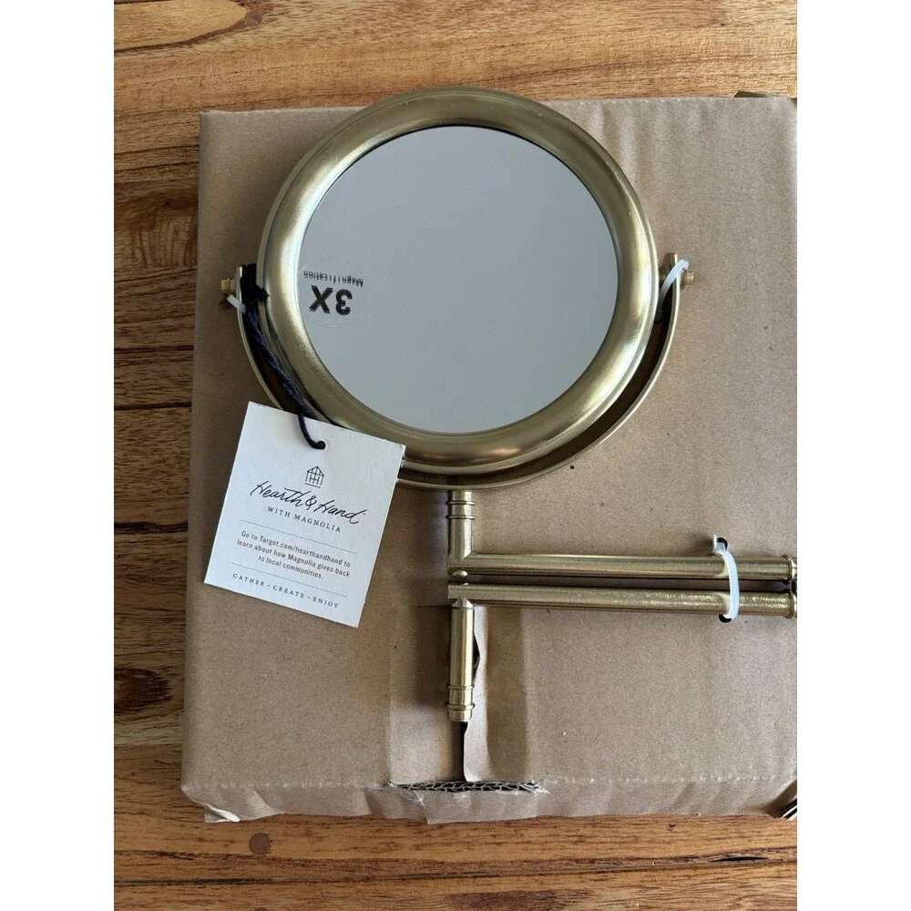 Hearth & Hand with Magnolia Wall-Mounted 3X Magnifying Swivel Mirror Brass New